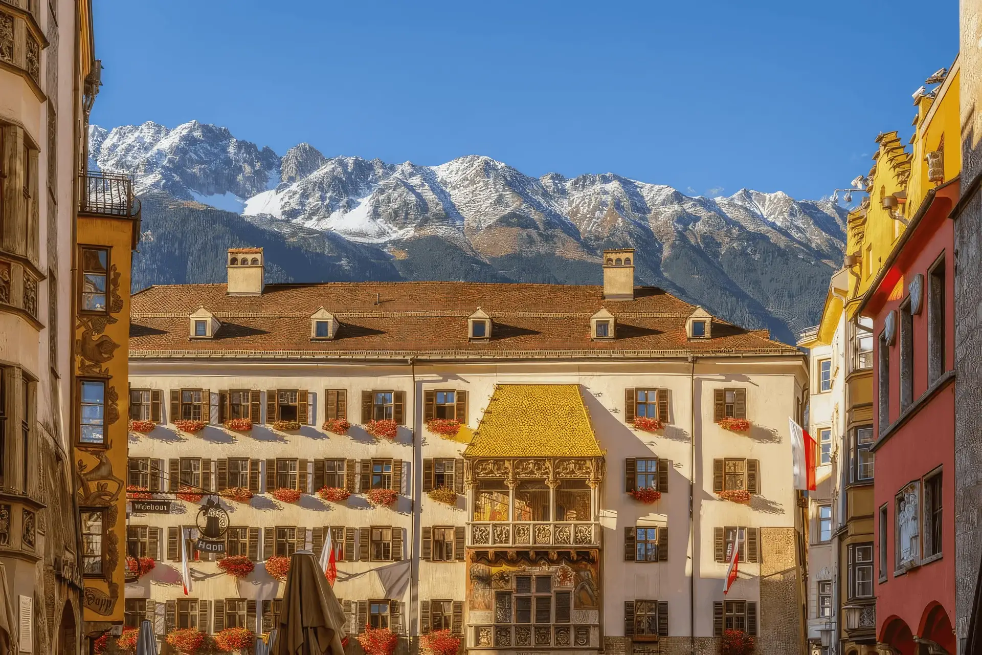Das Goldene Dachl in der Innsbrucker Altstadt vor der verschneiten Nordkette